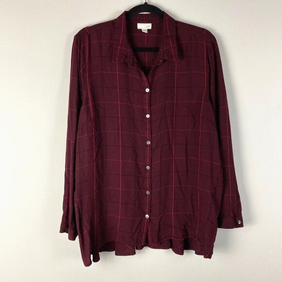 J. Jill Tops - J Jill Button Up Shirt Womens XL Burgundy Plaid Rayon Long Sleeve